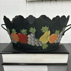 Vintage Oval Planter Bucket Handles Scalloped Edge Metal Folk Art Hand Painted